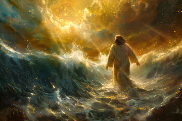 Fototapeta premium Jesus walks on water across the sea and calms the stormy sea