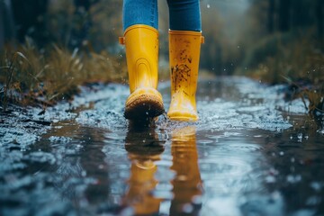 Woman in yellow rain boots walks through a puddle on a rainy day. Close-up