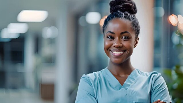 A registered nurse (RN) stands smiling looking at the camera in a studio.