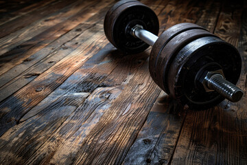 Rustic Dumbbell on Wooden Floor Reflecting Strength and Fitness Concepts