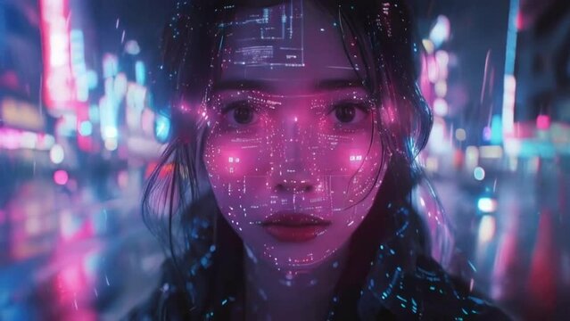 A Young Asian Woman Standing in a City Street at Night With a Digital Pattern Projected on Her Face