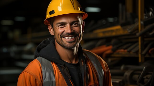 young construction worker in a hard hat, smiling confidently while holding a level.