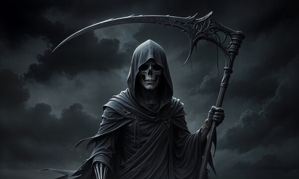 Hooded figure with a skeletal face holds a scythe, standing in a dark, stormy environment with ominous clouds. Spooky and atmospheric
