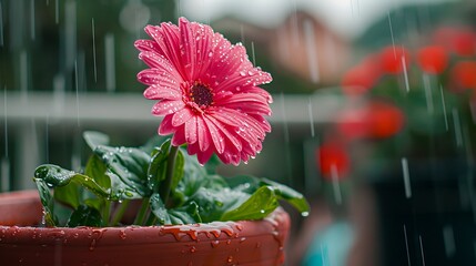 A pink flower in a pot with rain falling on it.