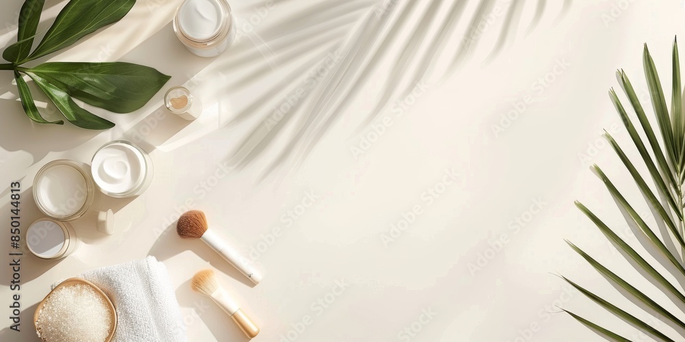 Poster neutral background with ample space for text alongside cosmetics.