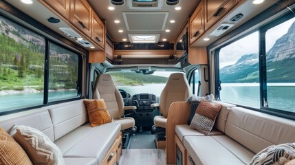 A modern, comfortable motorhome with comfortable armchairs and beige beds with a gorgeous view of the mountain slopes and lake. Concept of alternative housing, mode of transport.