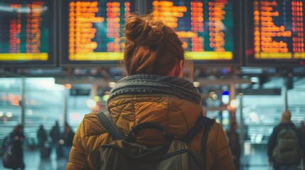 Fototapeta premium Backview of Woman Checking Flight Information Board and Travel Time at International Airport