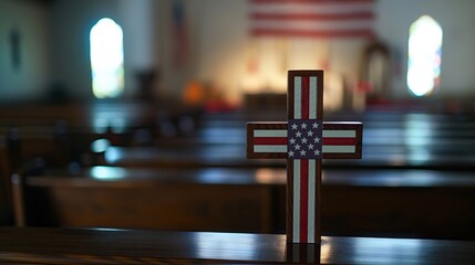 Christian cross in the church with US flag