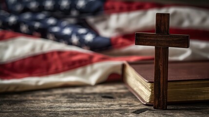 Holy Bible and wooden cross on the US flag
