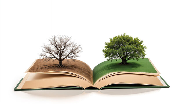 An open book with a bare tree on one page and a lush green tree on the other, symbolizing the contrast between uneducated and educated