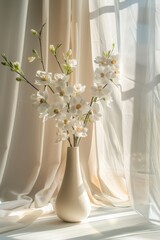 White vase with flowers on the background 