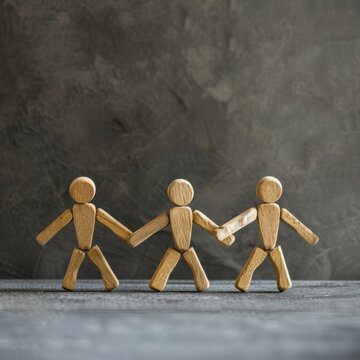 Three wooden figures are holding hands, with one of them holding a stick. Concept of unity and cooperation, as the figures are working together to achieve a common goal