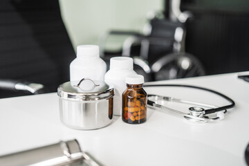 A clean desk with medical equipment, ready for professional use, sits empty, awaiting the next task or appointment.