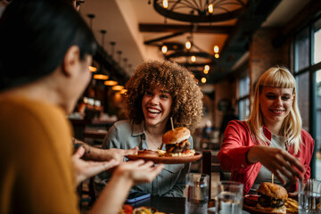 Waiter serving burger to a group of friends having lunch at a restaurant - food service concepts