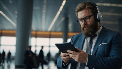 Bearded leader in headphones using tablet in airport terminal 