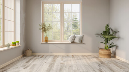 Fototapeta premium Window in an empty room of an apartment lighting the scene. Interior design composition with minimal furniture and copy space