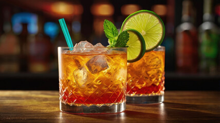 Mai Tai. Glass of delicious mai tai cocktail. Refreshing drink with lime juice, mint and crushed ice.