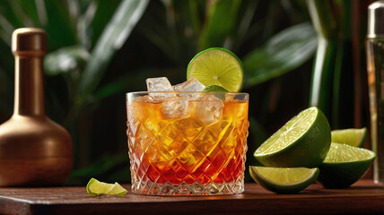 Mai Tai. Glass of delicious mai tai cocktail. Refreshing drink with lime juice, mint and crushed ice.