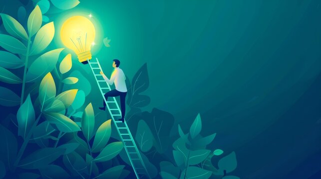 Creativity idea, solution or persuade success, climb up career ladder or business growth, improvement progress, personal development concept, businessman climb up ladder to reach lightbulb grow plant.