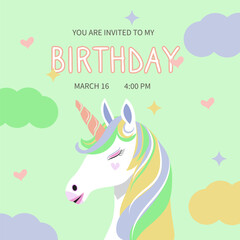 Multicolored unicorn head on green background. Birthday invitation card template with cute unicorn, greeting and invitation card