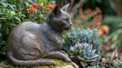 A Fancy Garden Ornament Of A Cat, Adding Charm To The Outdoors