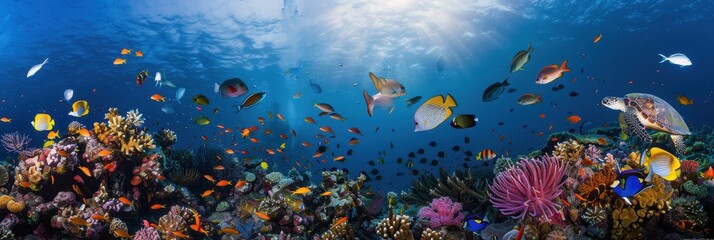 Majestic Underwater World: Vibrant Coral Reef with Colorful Fish, Sea Turtles, and Marine Life in Deep Blue Ocean Backdrop