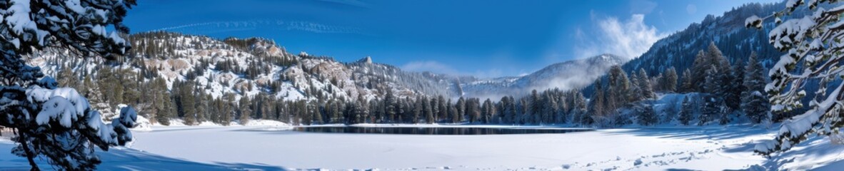 Fototapeta premium Majestic Winter Wonderland: Panoramic View of Snowy Mountain Landscape with Frozen Lake, Snow-Covered Pine Trees, and Clear Blue Sky