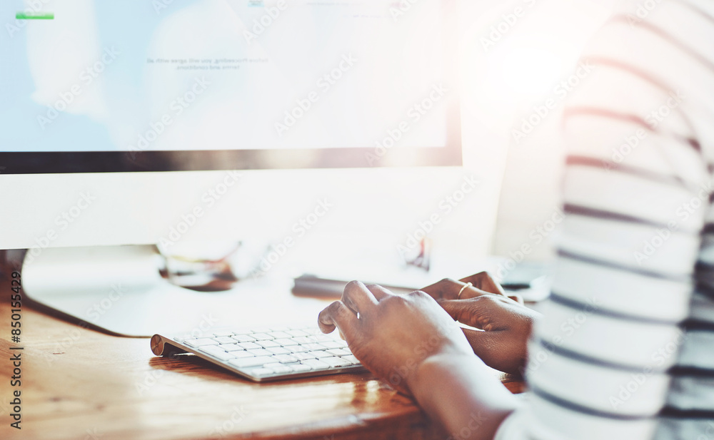 Poster computer, screen and hand of person with keyboard for digital agency, career and planning informatio