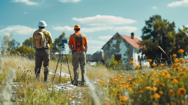 Two men are standing in a field with a house in the background
