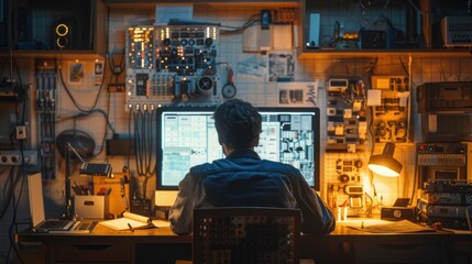 A man is sitting at a desk with a computer monitor in front of him