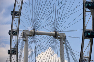 modern ferris wheel with covered cabins at the carnival with blue sky in the background. modern amusement park concept.