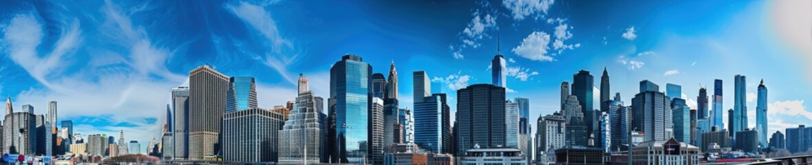 Fototapeta premium Cityscape Symphony: Vibrant Urban Skyline with Skyscrapers, Busy Streets, and Energetic City Life Under a Clear Blue Sky