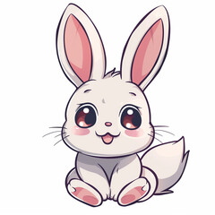 An irresistibly cute bunny with sparkling eyes, pink cheeks, and a happy expression sits playfully, exuding joy and adorableness against a white background