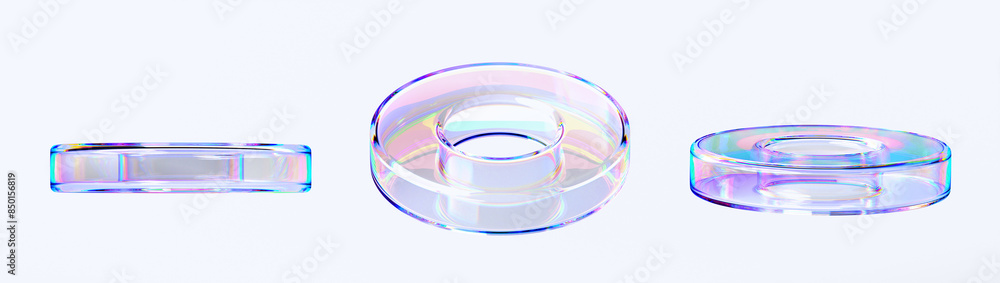 Poster glass liquid transparent circle rings with chromatic dispersion effect 3d render icon set. abstract 