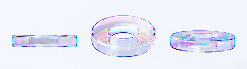 Glass liquid transparent circle rings with chromatic dispersion effect 3d render icon set. Abstract fluid torus shapes with gradient texture, crystal rainbow objects isolated elements. 3D illustration