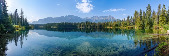 Tranquil Mountain Lake Serenity with Pine Trees and Reflection of Majestic Mountains