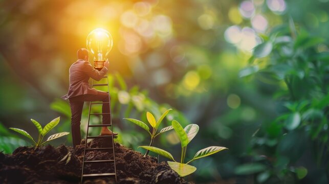 Creativity idea, solution or persuade success, climb up career ladder or business growth, improvement progress, personal development concept, businessman climb up ladder to reach lightbulb grow plant.