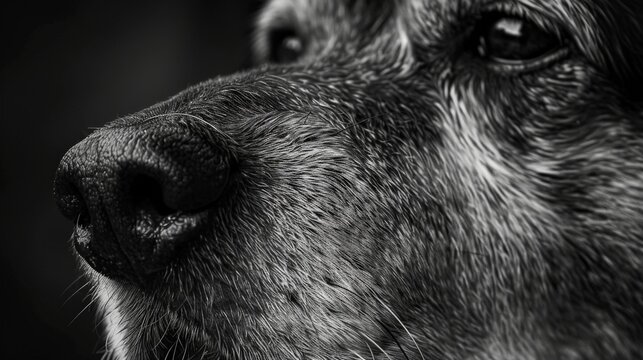 A black and white close up of a dog's face. The dog has a long snout andChui retaEr . Its eyes are looking off to the side. The dog's fur is old and looks soft.