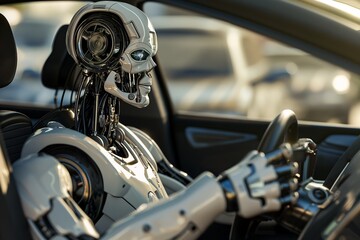 Fototapeta premium futuristic robot driving car by generative ai