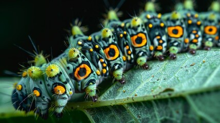 Naklejka premium A brightly colored caterpillar rests on a green leaf, its many eyespots watching for predators.
