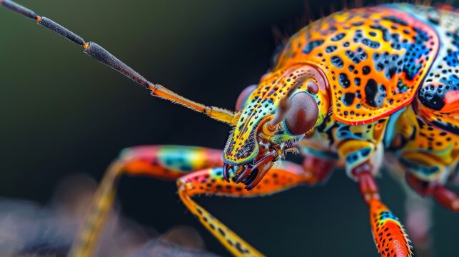 A brightly colored bug with a yellow head, blue eyes, orange back, and rainbow-colored wings.