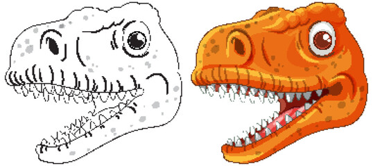Vector illustration of dinosaur heads in color and outline