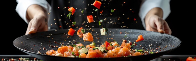 A chef is adding various vegetables to a hot skillet, preparing a delicious meal