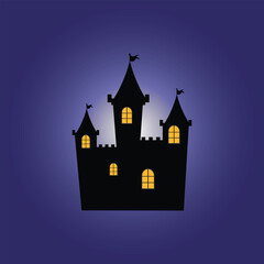 scary castle with purple background, vector logo icon