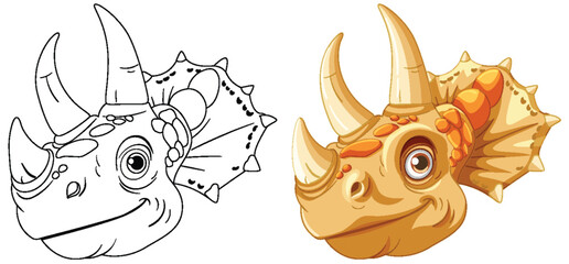 Illustration of dinosaur heads in color and outline © blueringmedia