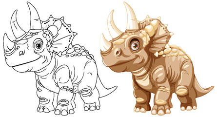 Adorable dinosaur in color and outline versions