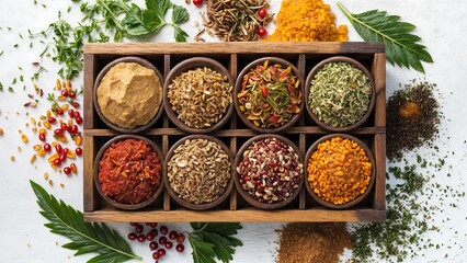 A bowl of food with various spices and herbs.