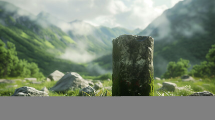 A stone pedestal in a natural outdoor setting, blending harmoniously with its surroundings while still commanding attention