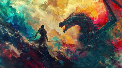 Worms-eye view of a mythical warrior battling dragons