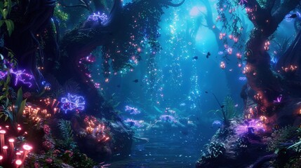 Worms-eye view of an enchanted forest merging with an underwater kingdom, illuminated by bioluminescent plants and fantastical marine beings, dreamlike atmosphere, CG 3D rendering